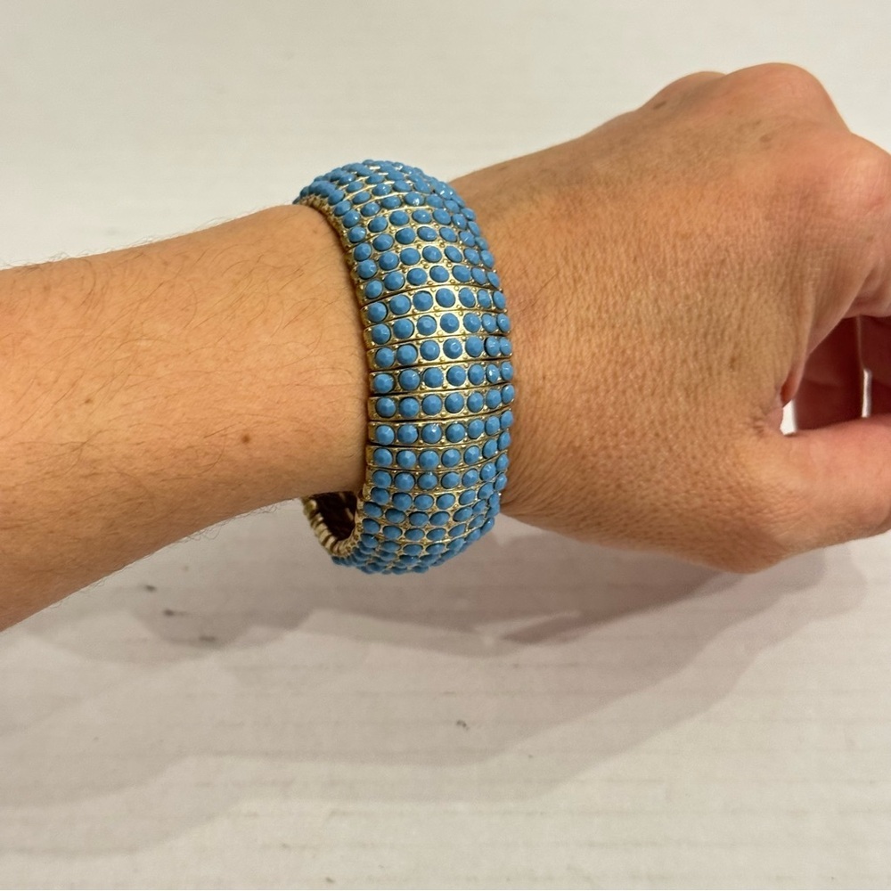 Blue Color Wide Gold Tone Beaded Bracelet Stretch Adjustable Statement Jewelry